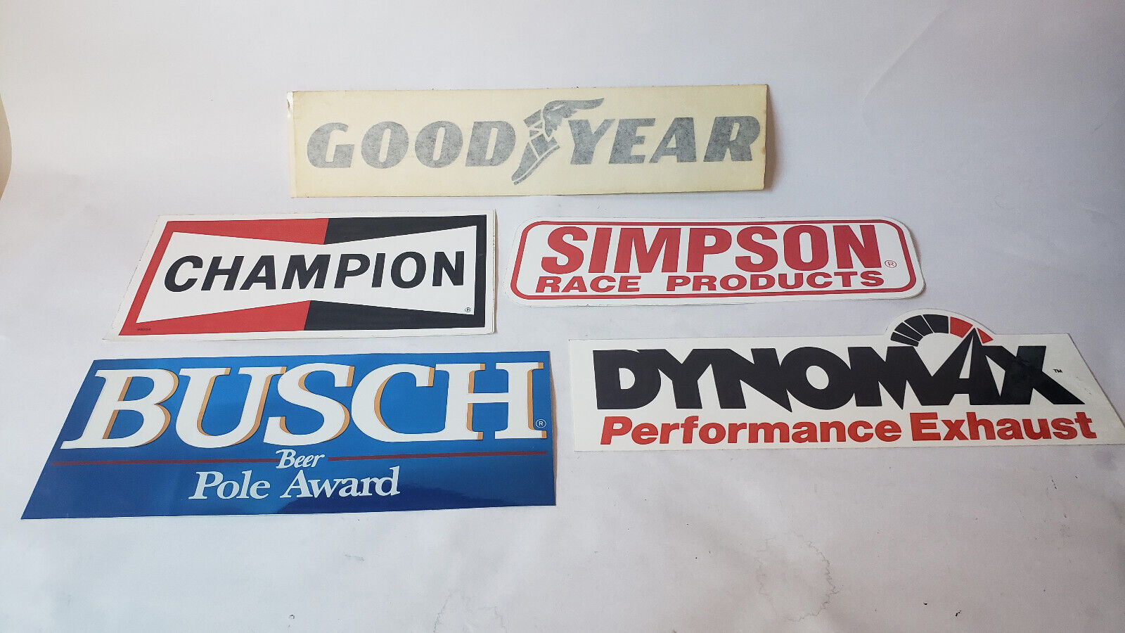 Lot of 5 vintage racing decals / stickers Champion - Goodyear - Busch Beer