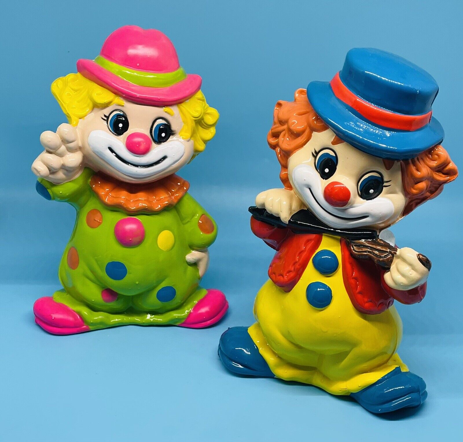 2 Vintage Plastic Collectible Clown Banks w/ Stoppers 7”