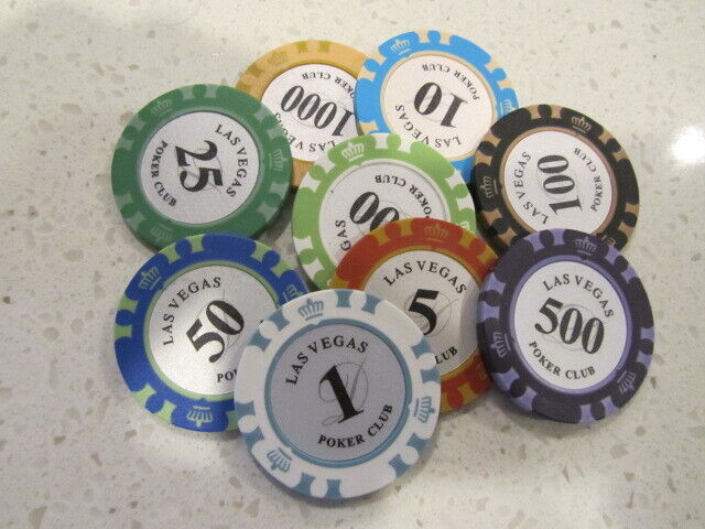 9 Las Vegas Poker Club Casino Chip Lot $1 5 10 25 50 100 1000 + FREE Poker Chip 
