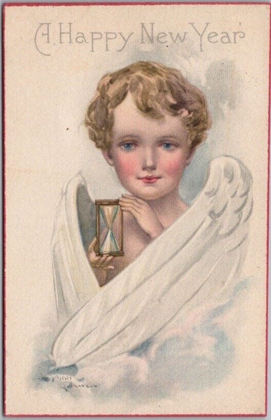 1915 HAPPY NEW YEAR / Artist-Signed LYMAN POWELL Postcard Angel / Hourglass