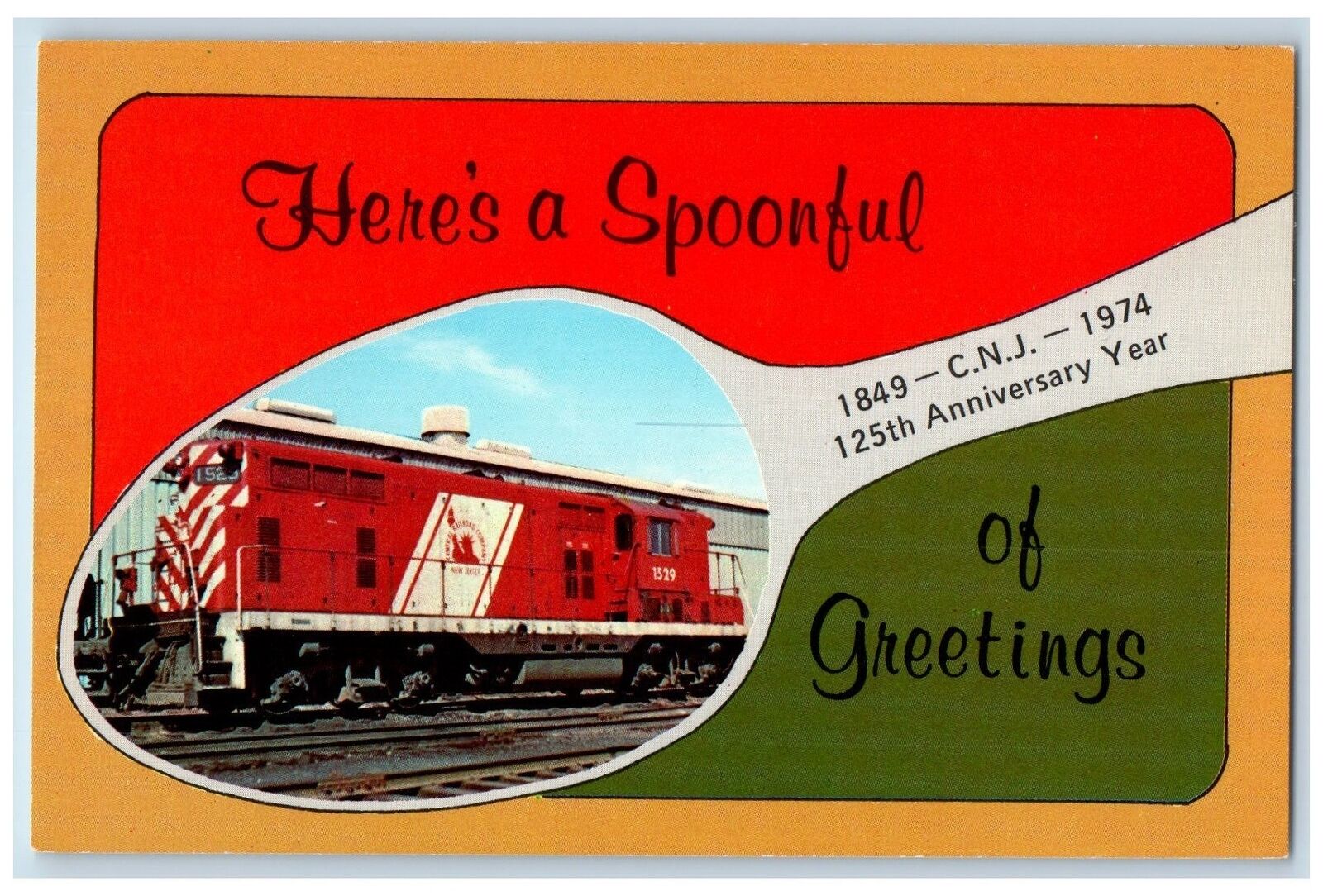 c1950\'s Here\'s Spoonful Of Greetings Commemorative Souvenir Train Track Postcard