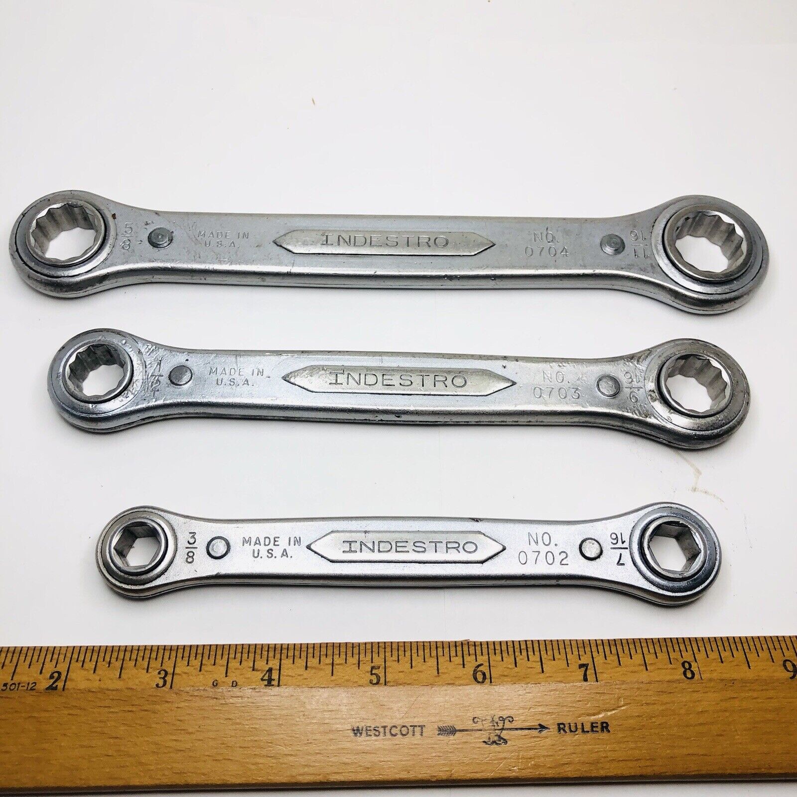 3 Vintage Indestro 3/8 to 11/16 Double Box End Ratcheting Wrench Set 12-6 Pt USA