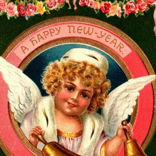 1906 New Years Postcard UDB Cherub Wings Ringing Bells Wreath Roses Hat Cape