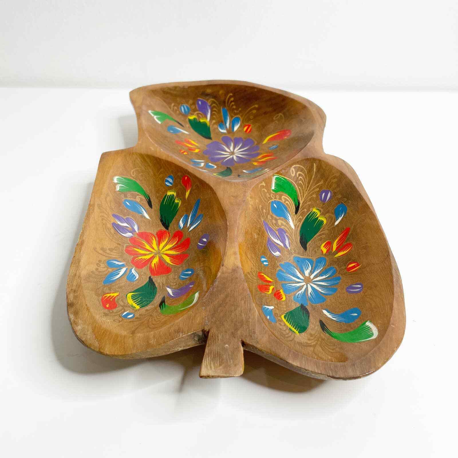 Vintage Hand Painted Carved Monkey Pod Split Tray Bowl Folklore Art Native Boho