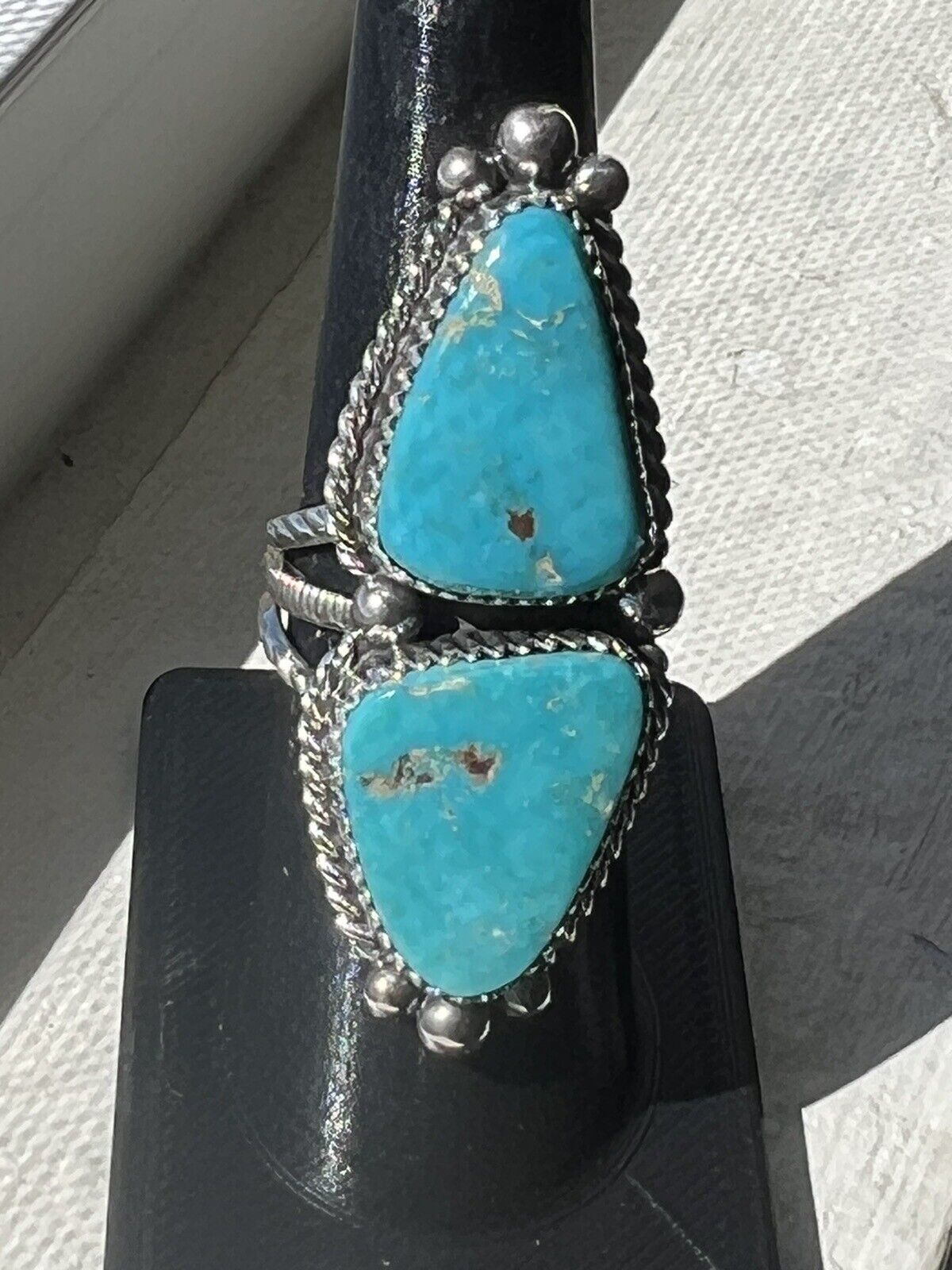 2 stone Natural Morenci Turquoise Sterling Silver Sz7.5 Navajo Avin Joe R0267