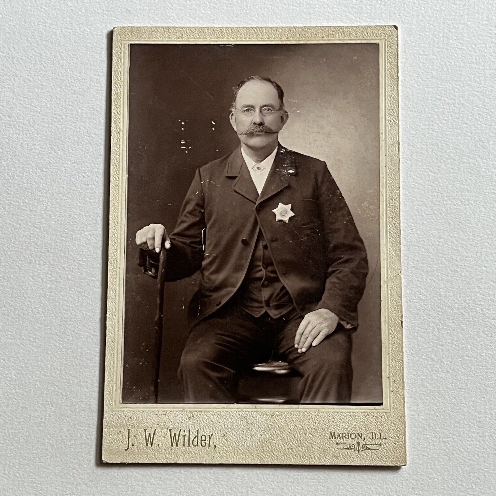 Antique Cabinet Card Photograph Man Sheriff Badge Cane Mustache Marion IL