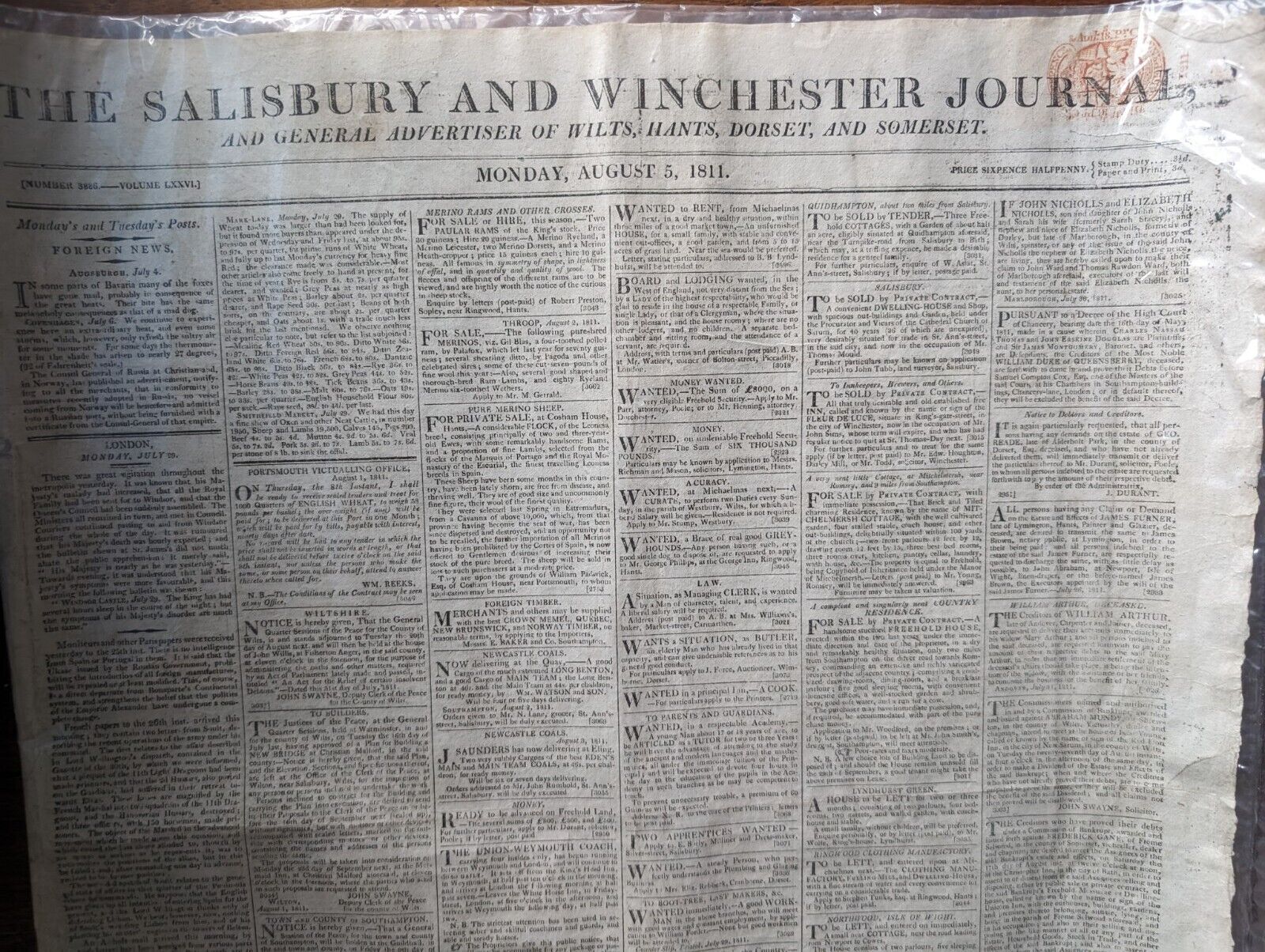 Rare Antique Early 19th C Newspaper 1811 Salisbury & Winchester Journal 5th Aug