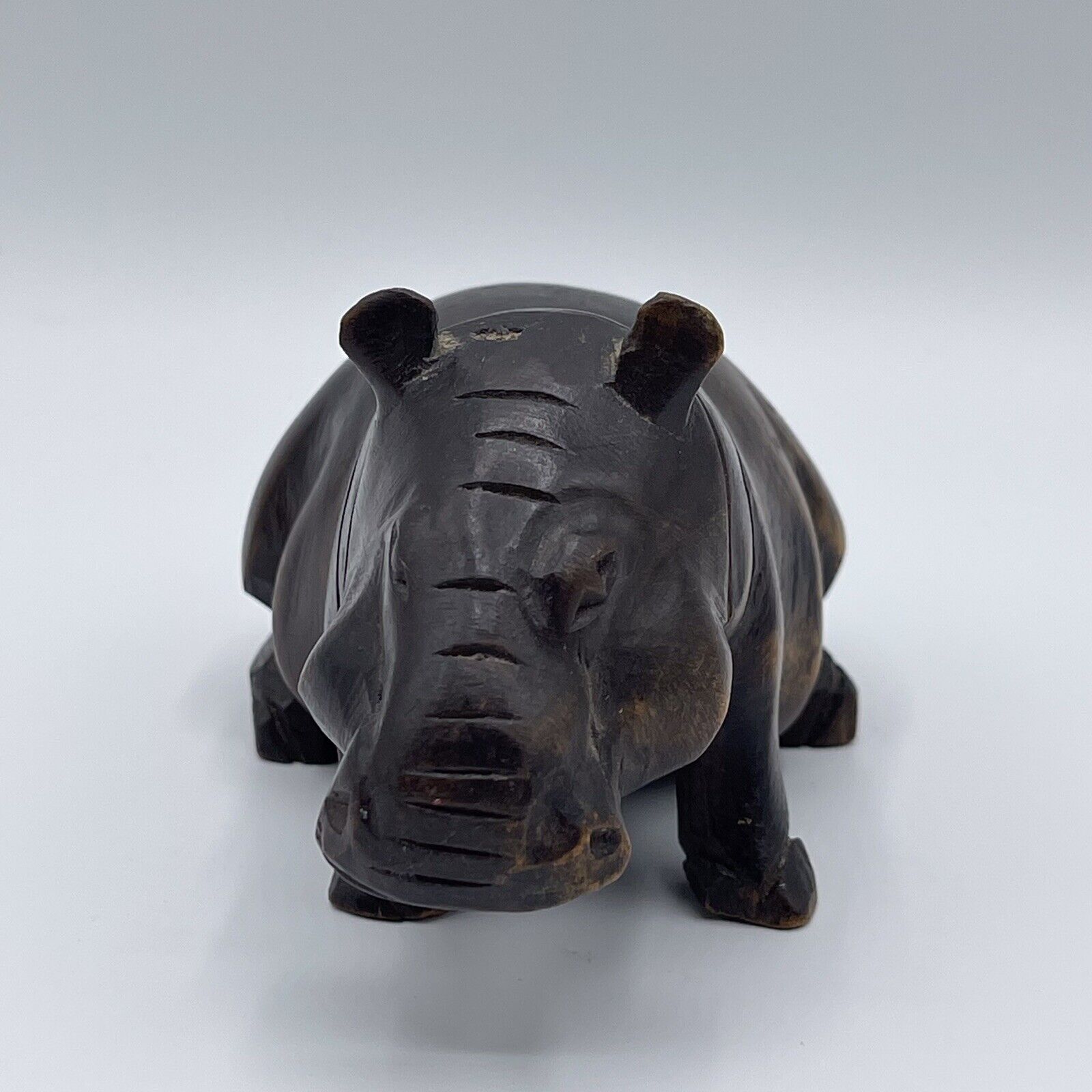 Vintage Black Hand Carved Wooden Hand Painted Hippopotamus Figurine Signed