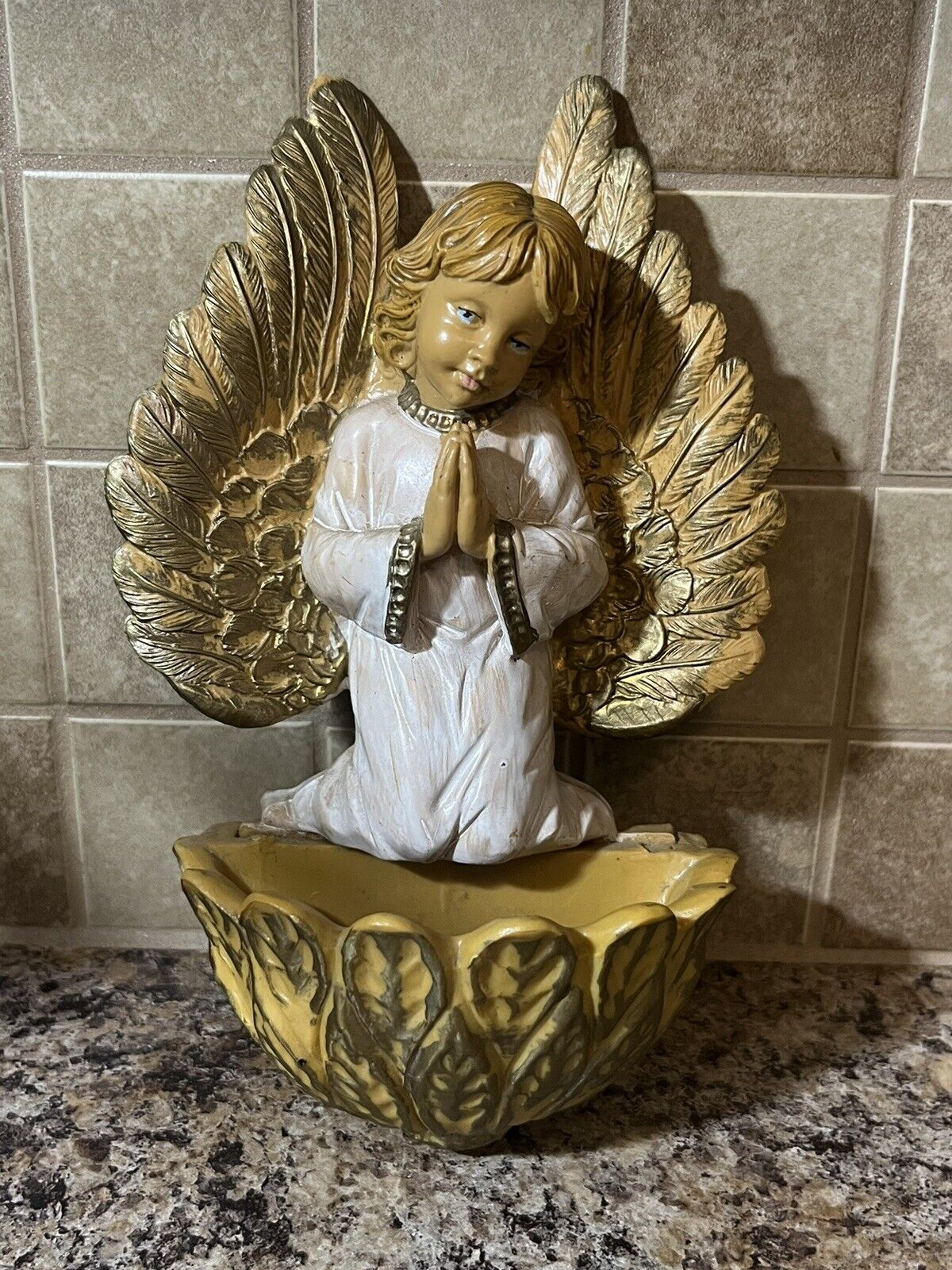 Vintage Praying Angel Holy Water Font Wall Hanging Made In Italy