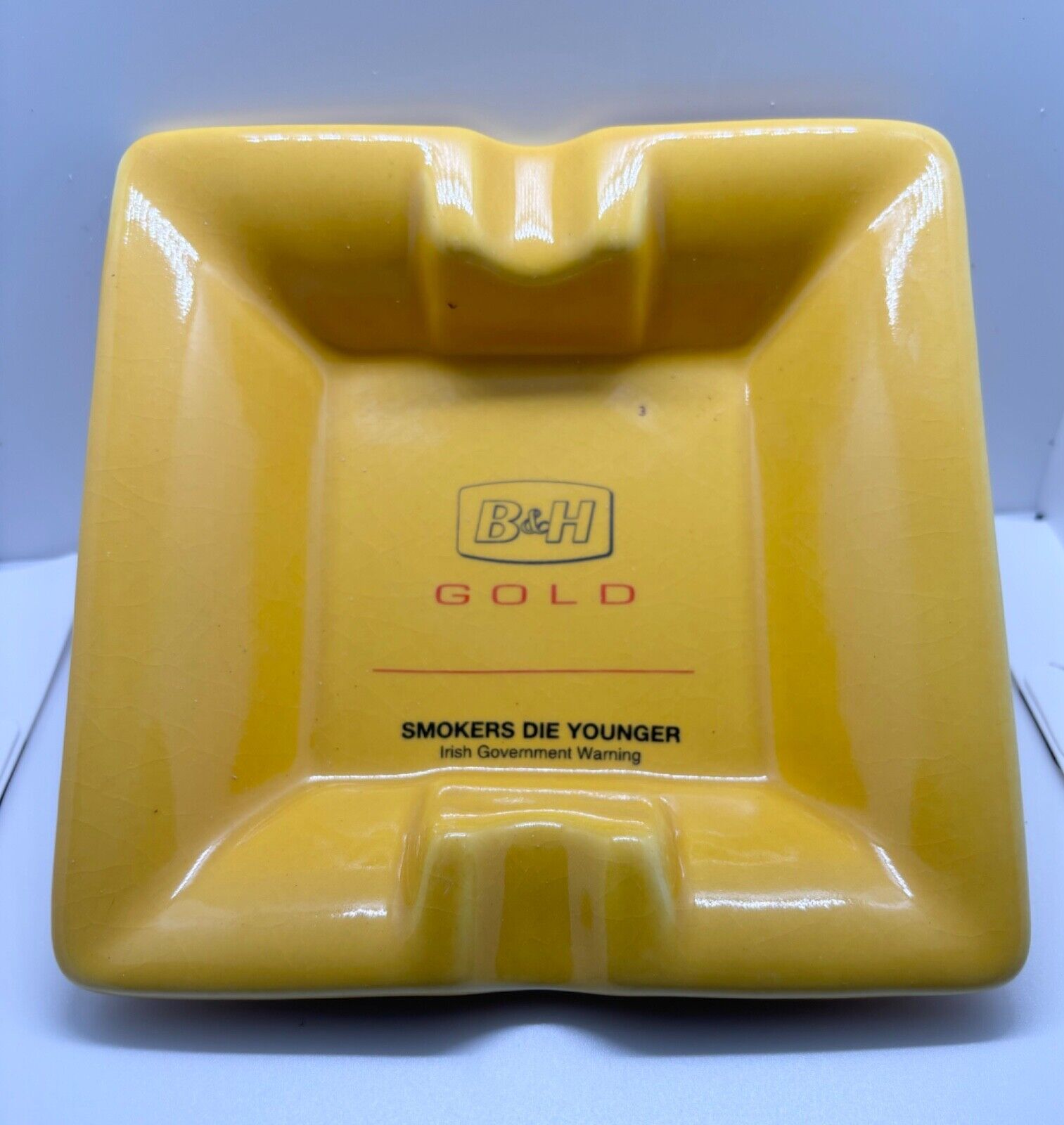 Vintage Large Yellow Ceramic Ashtray  Benson  & Hedges Cigarettes 5.5” Square