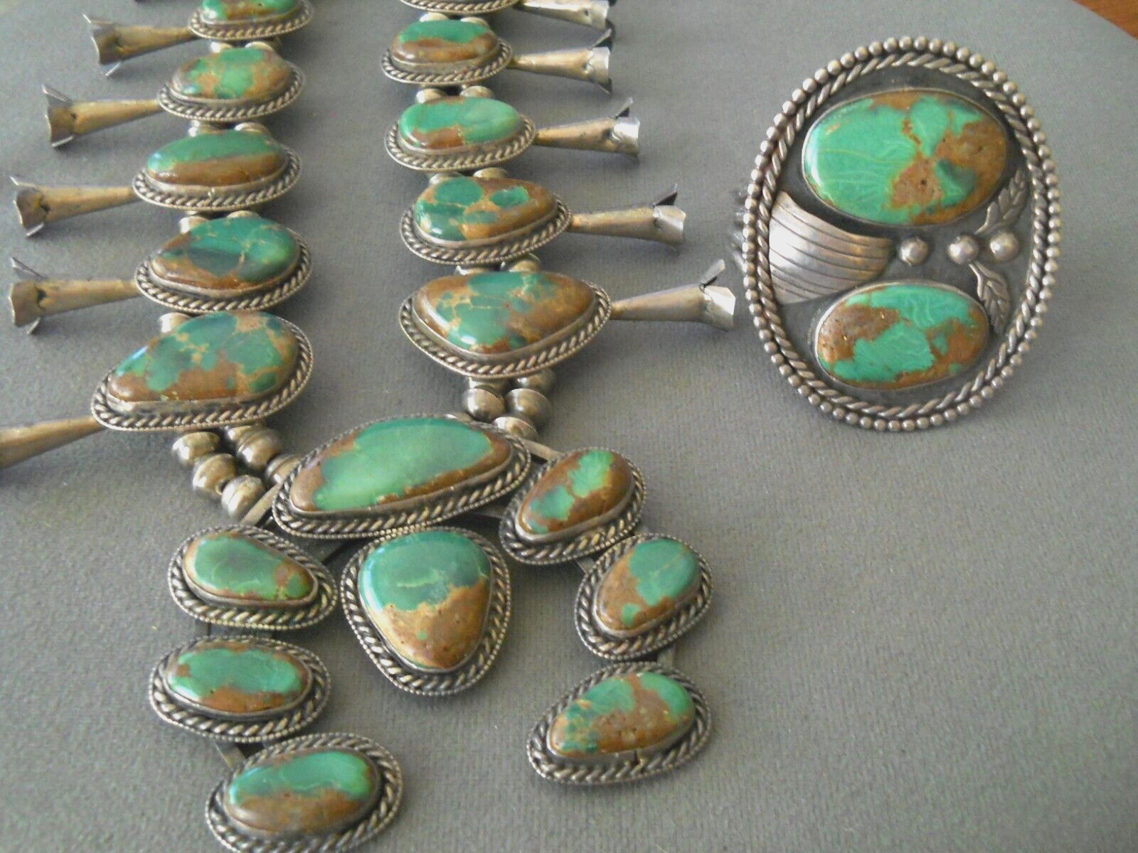 Outstanding Native American Green Turquoise Sterl Silver Squash Blossom Necklace