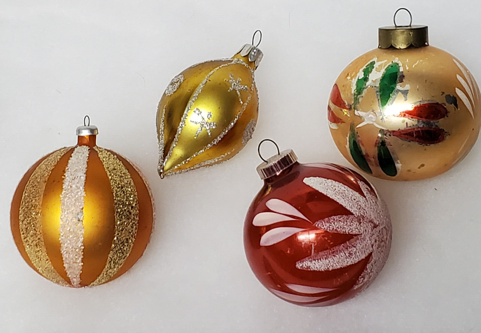 4 Vintage Christmas Ornament Decorated Mica Painted Balls Teardrop Colorful