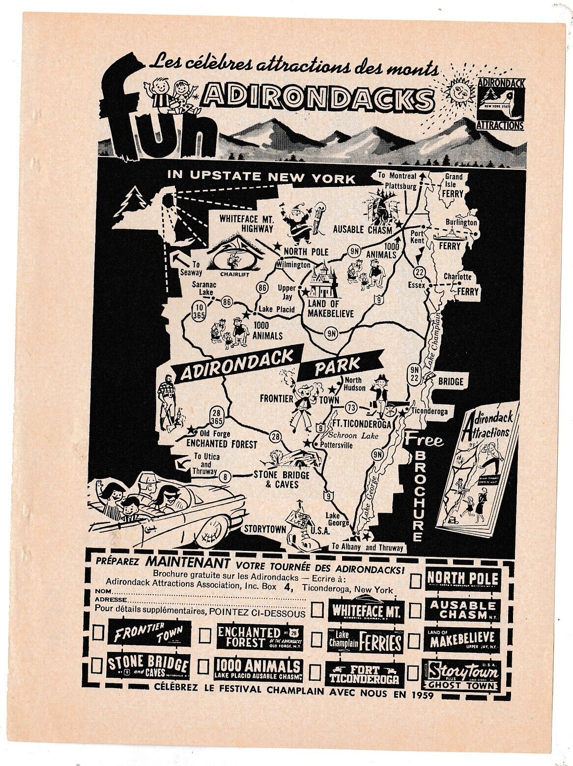 1959 ADIRONDACKS PARK NEW YORK FRONTIER TOWN ORIGINAL AD