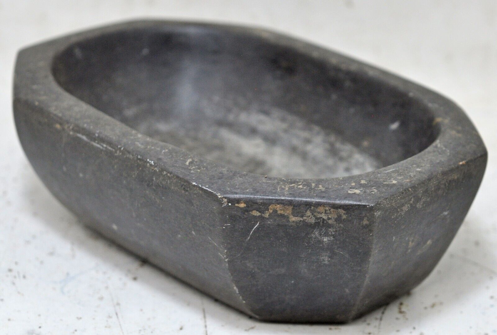 Antique Black Stone Oval Kharal Bowl Original Old Hand Carved
