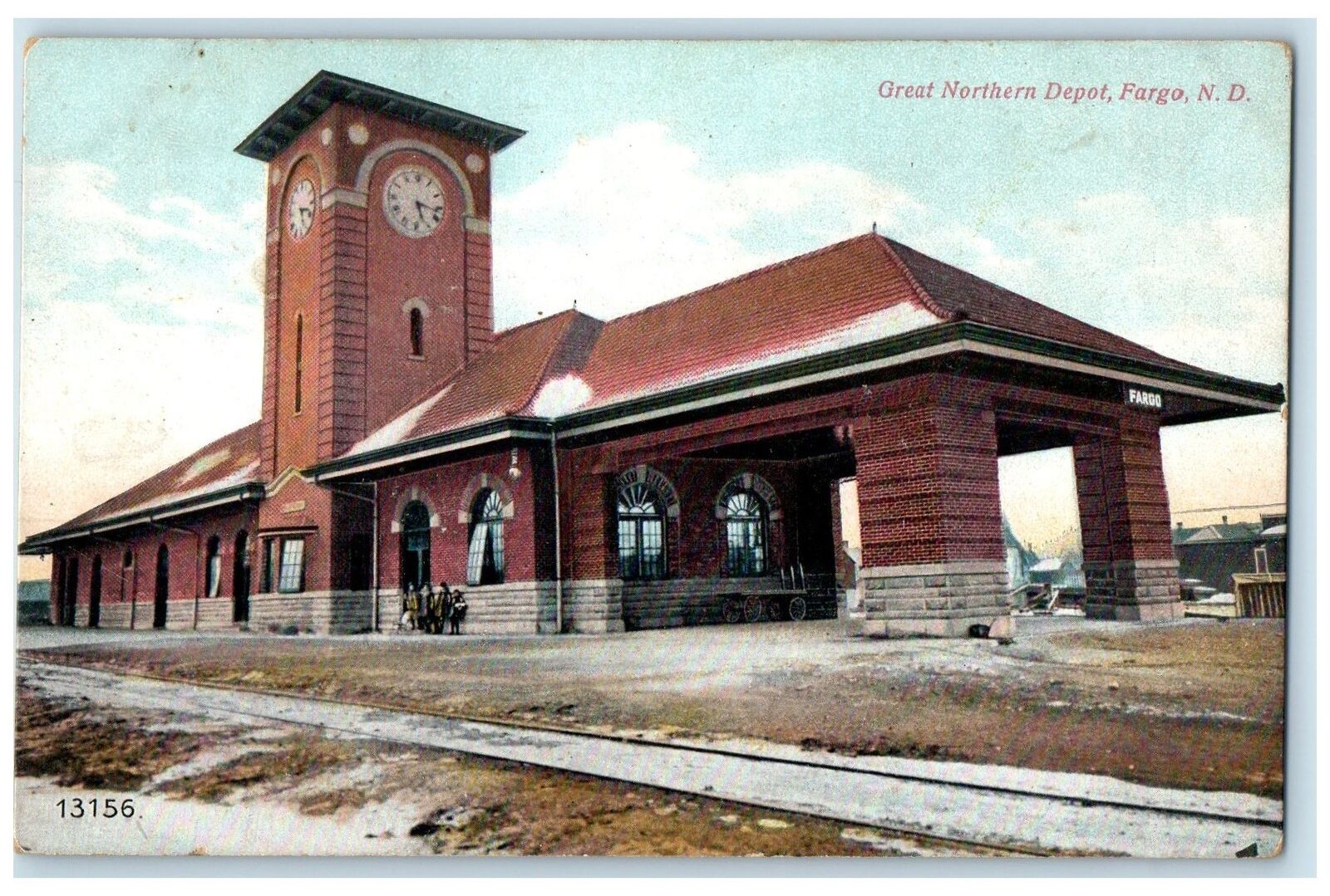 1908 Great Northern Depot Locomotive Terminal Clock Fargo North Dakota Postcard