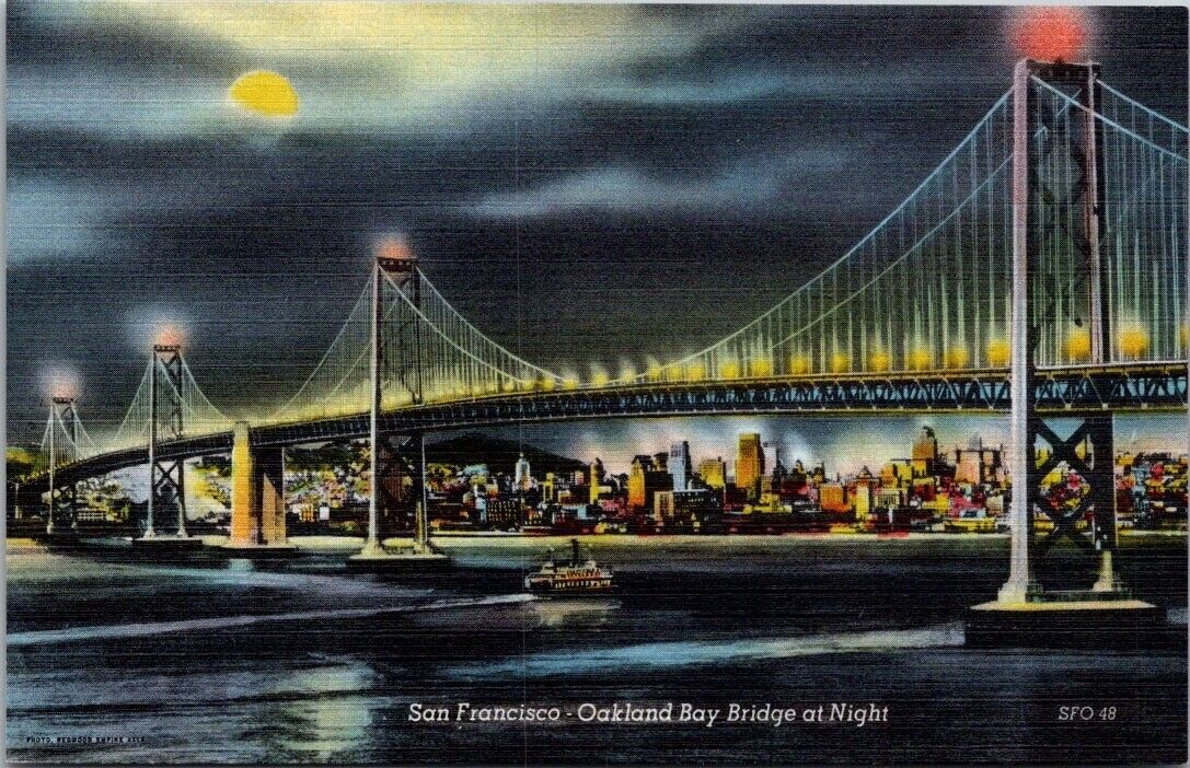 San Francisco California-Oakland Bay Bridge At Night Vintage Linen Postcard UNP
