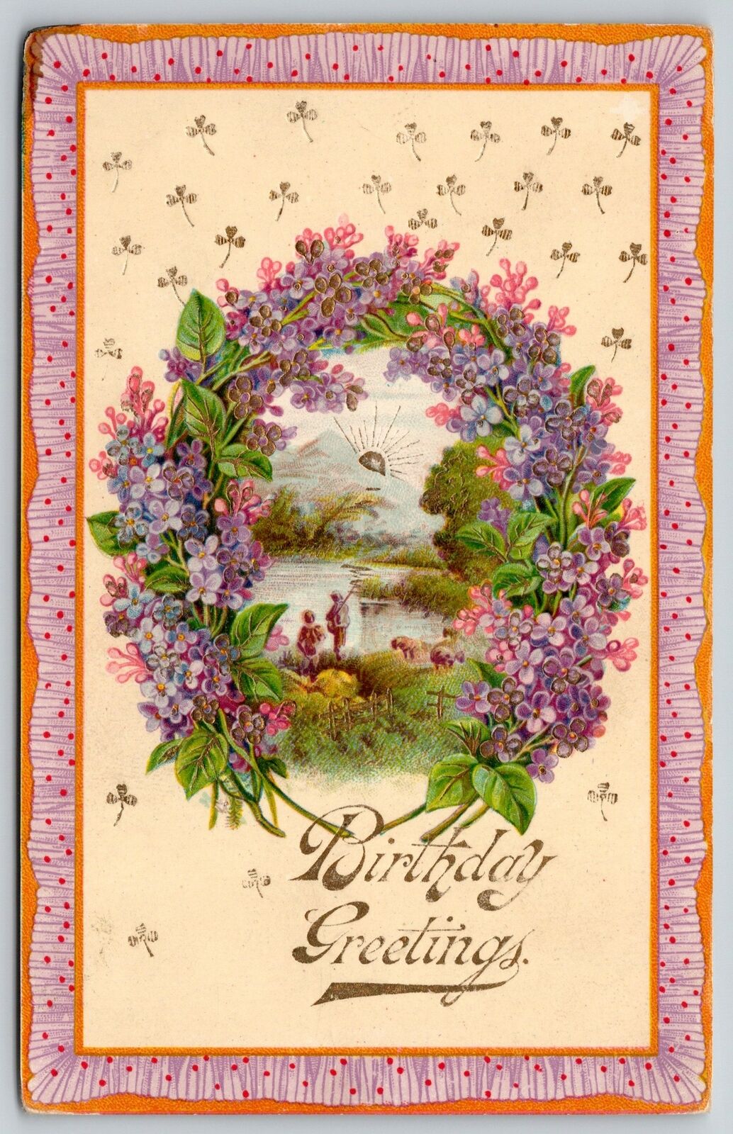 Vintage Victorian Flowers~Violets & Forget-Me-Nots Surround Fishing Scene~c1910