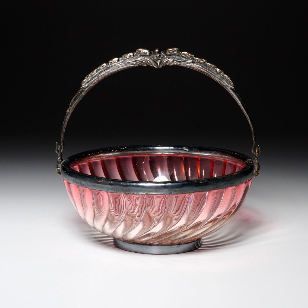 1800s Baccarat Pink Amberina Bamboo Rose Glass Silverplate Basket Bowl Signed