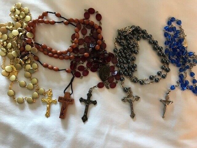 Lot of 5 Full Size Catholic Rosaries, Plastic, Metal, Wood