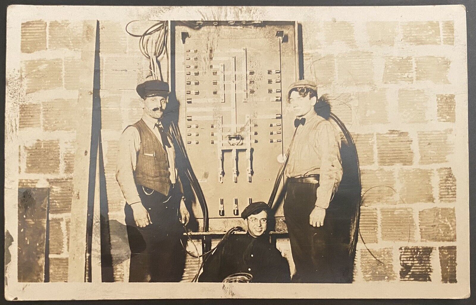 SUPERIOR WI RPPC REAL PHOTO POSTCARD-3 ELECTRICIANS~ELECTRICAL PANEL~OCCUPATION