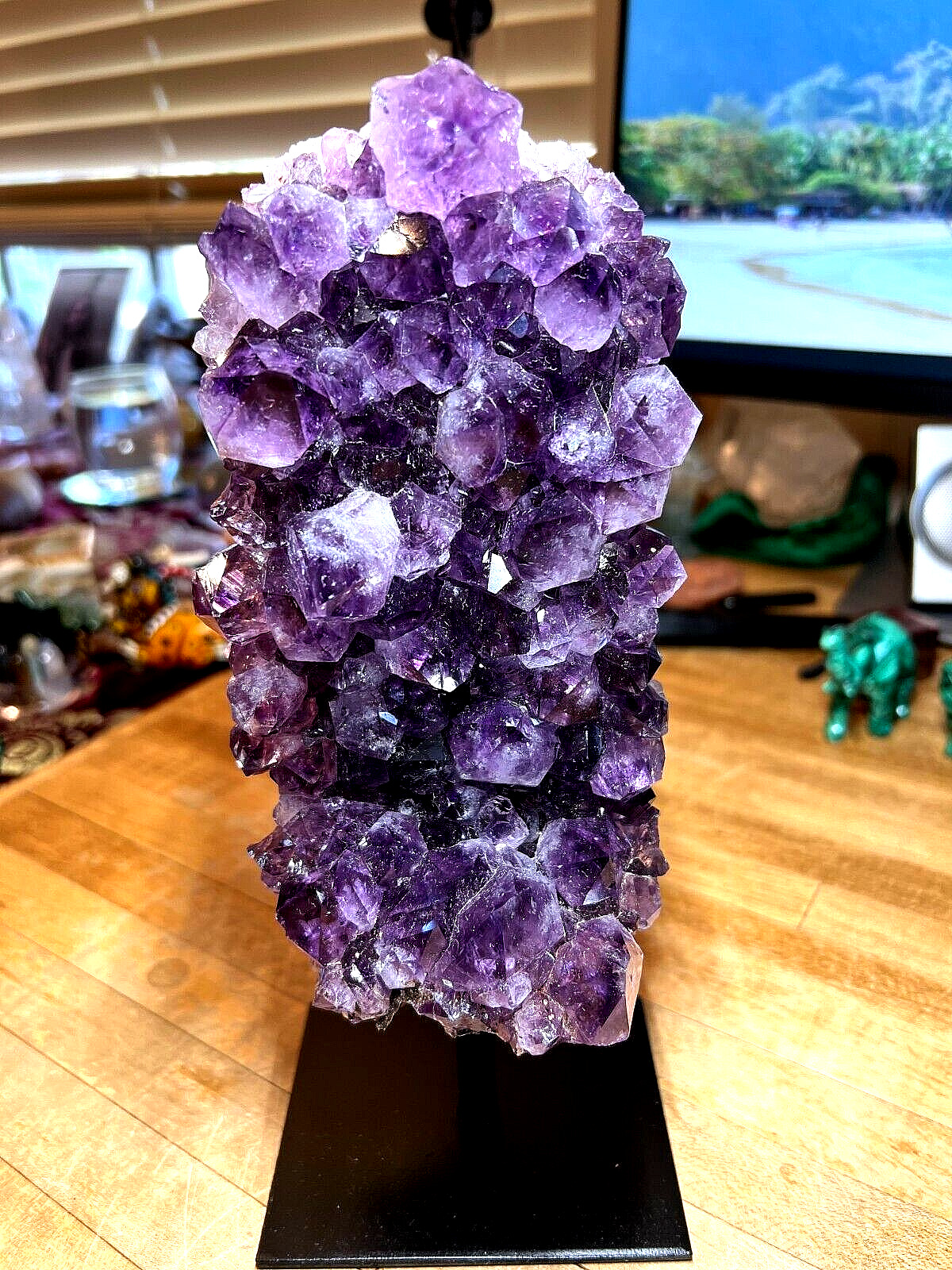 Amethyst Crystal Gemstone Geode with Custom Metal Stand Attached Specimen 004