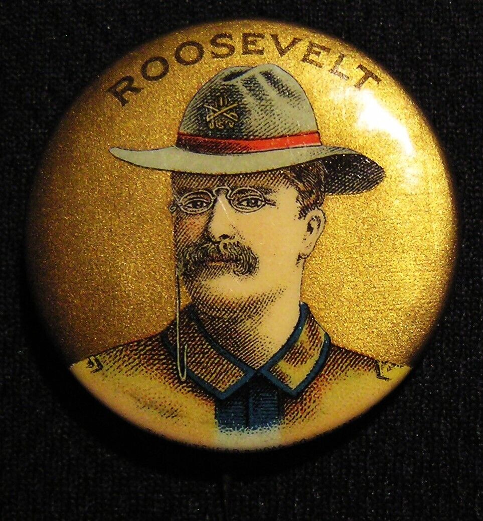ANTIQUE PRESIDENT TEDDY THEODORE ROOSEVELT ROUGH RIDER PIN - Election Campaign