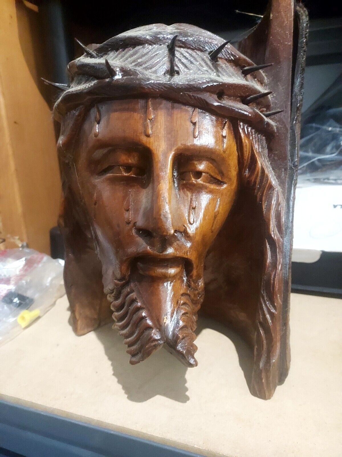 Antique Jesus Hand Carved Wooden Christ Head Vintage Religious Figure 12x9x8