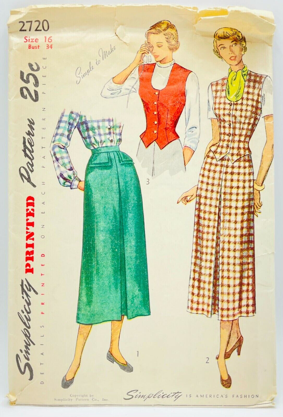 1949 Simplicity Sewing Pattern 2720 Womens Skirt & Weskit Size 16 Vintage 8437