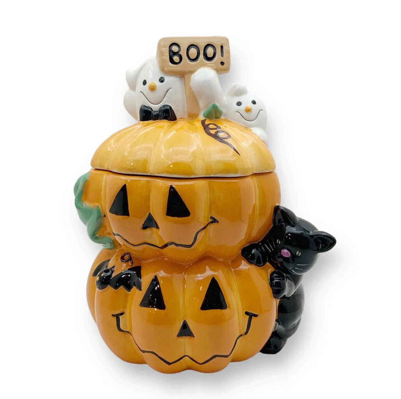 David\'s Halloween Cookie Jar Ghost Boo Lid, Black Cat Pumpkin Halloween Design