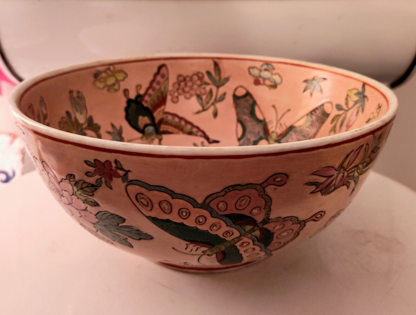 Vintage 50s United Pacific Famille Rose Butterfly Centerpiece Bowl From  Macau 