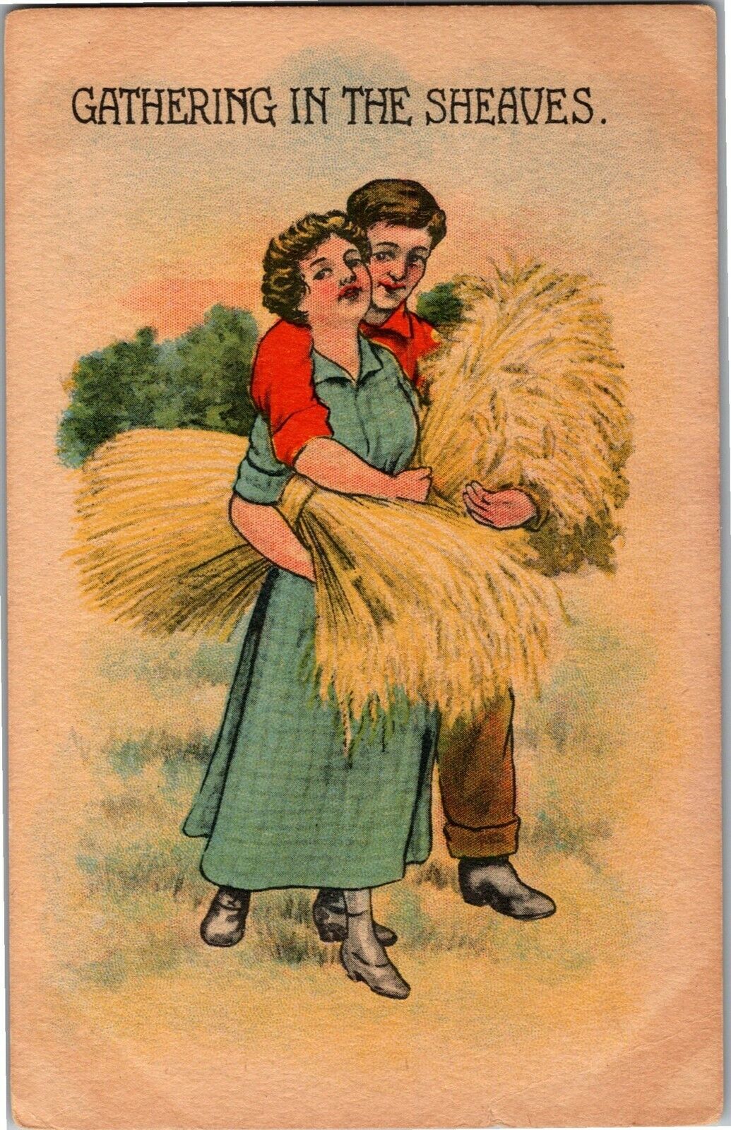 Man Embraces Woman, Gathering In the Sheaves Vintage Postcard D48