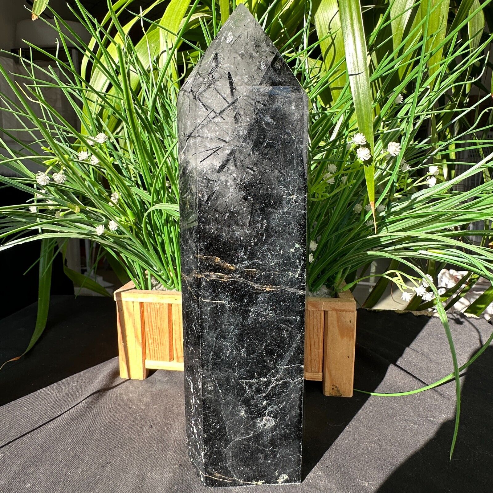 5.39LB Natural black tourmaline crystal tower polished and healed 2450g