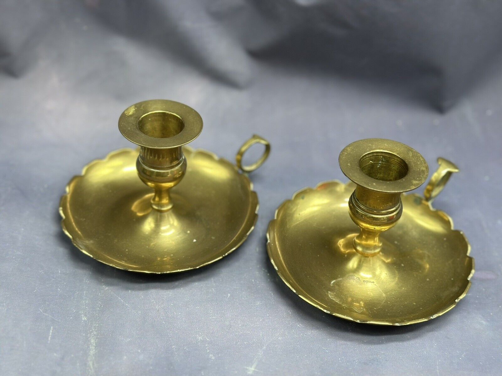 Vintage Solid Brass Scalloped Edge Candlestick Holders With Loop Finger Ring