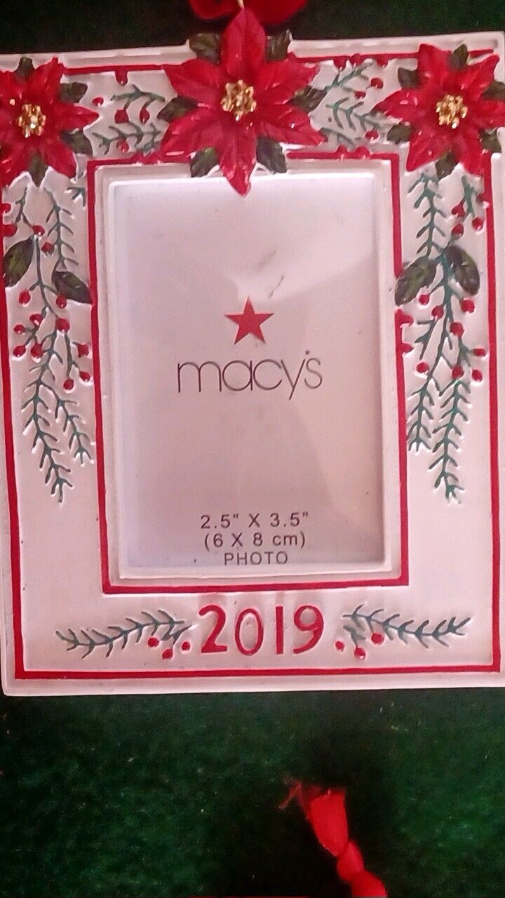 Macys Holiday Lane 2019 Picture Frame Ornament Red Poinsettia Holly Berry NWT
