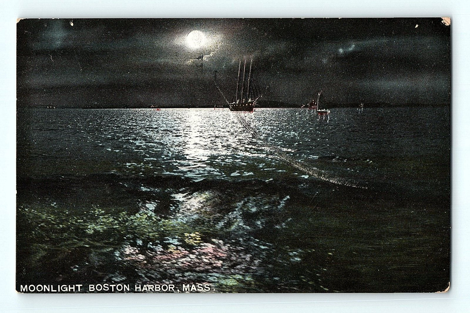 Ship on Sea Moonlight Boston Harbor Massachusetts 1912 Antique Postcard E2