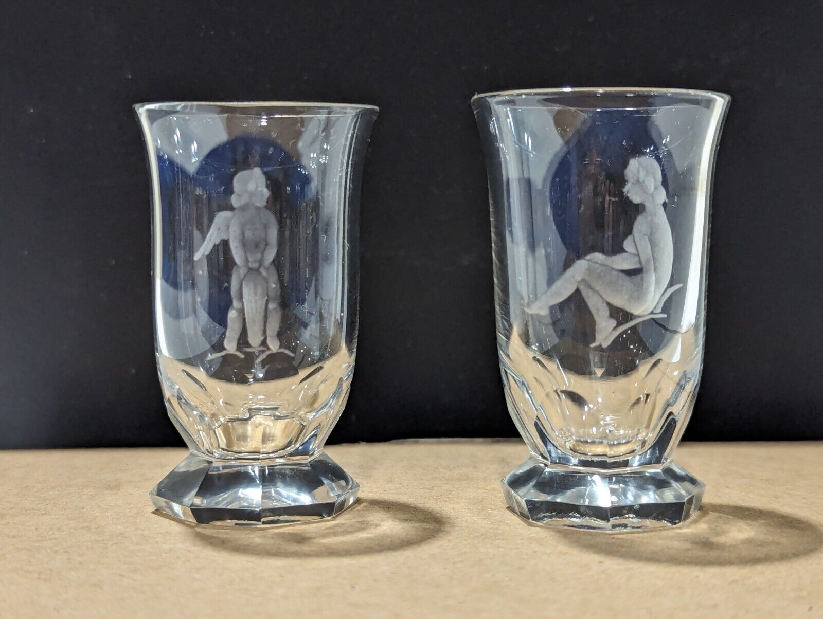 Vintage Set of 2 etched cherub/woman design shot glasses, fluted base