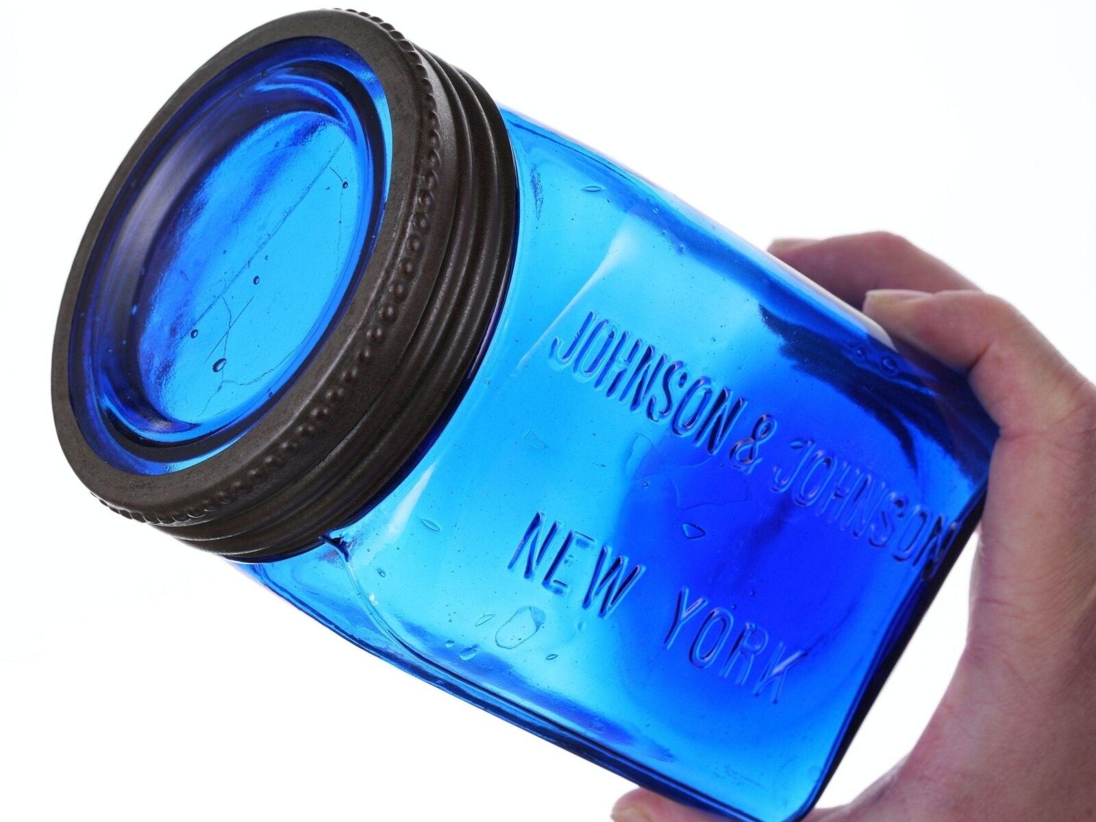 Antique Johnson & Johnson Cobalt Blue Medical/apothecary Band-aid/Gauze jar with