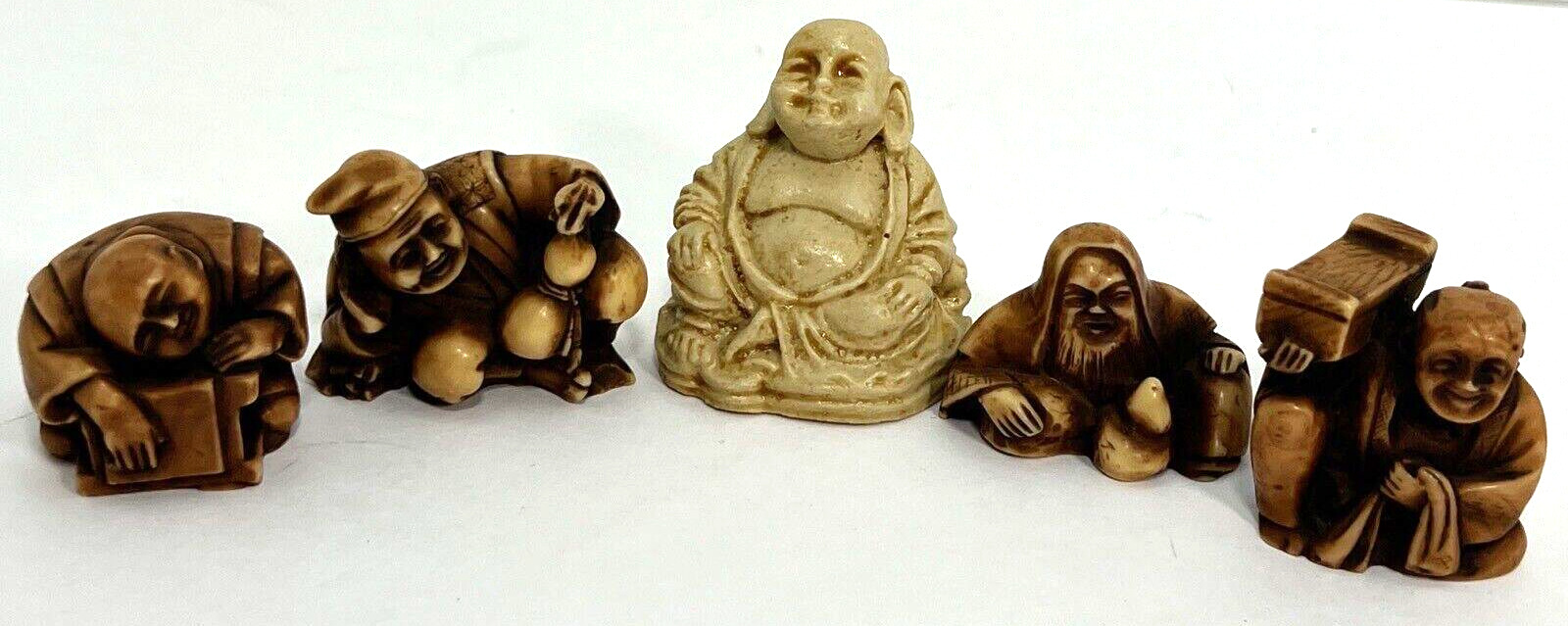 5 pc lot Netsuke handcrafted Italy, Mexico Buddha 1950s natural material figures