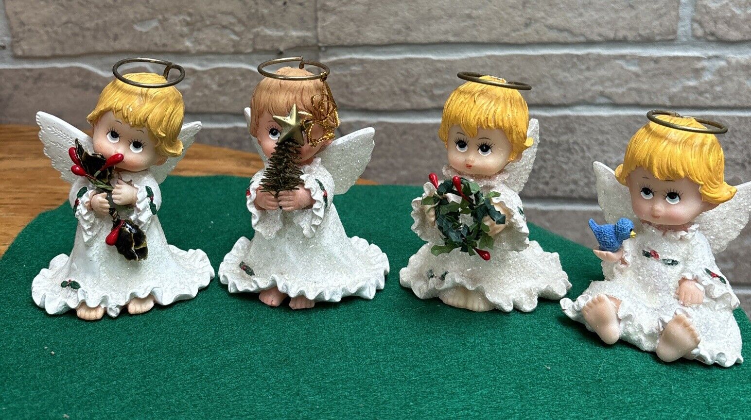 Vintage 4 Holly Babies Collection Morehead Glitter Angel Figurine 3.5” Tall