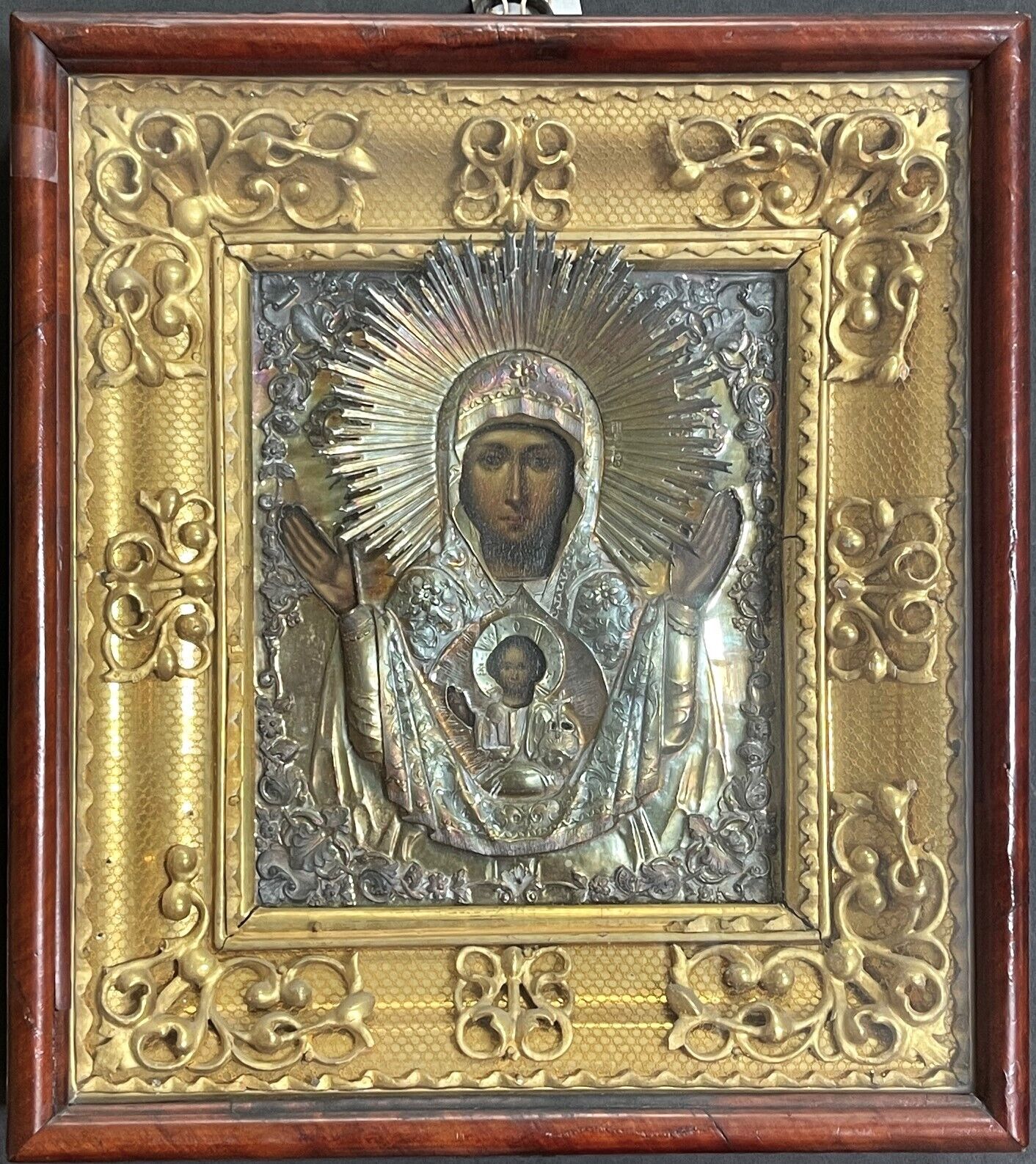 Large Antique 19C Imperial Russian Orthodox Icon ZNAMENIYE