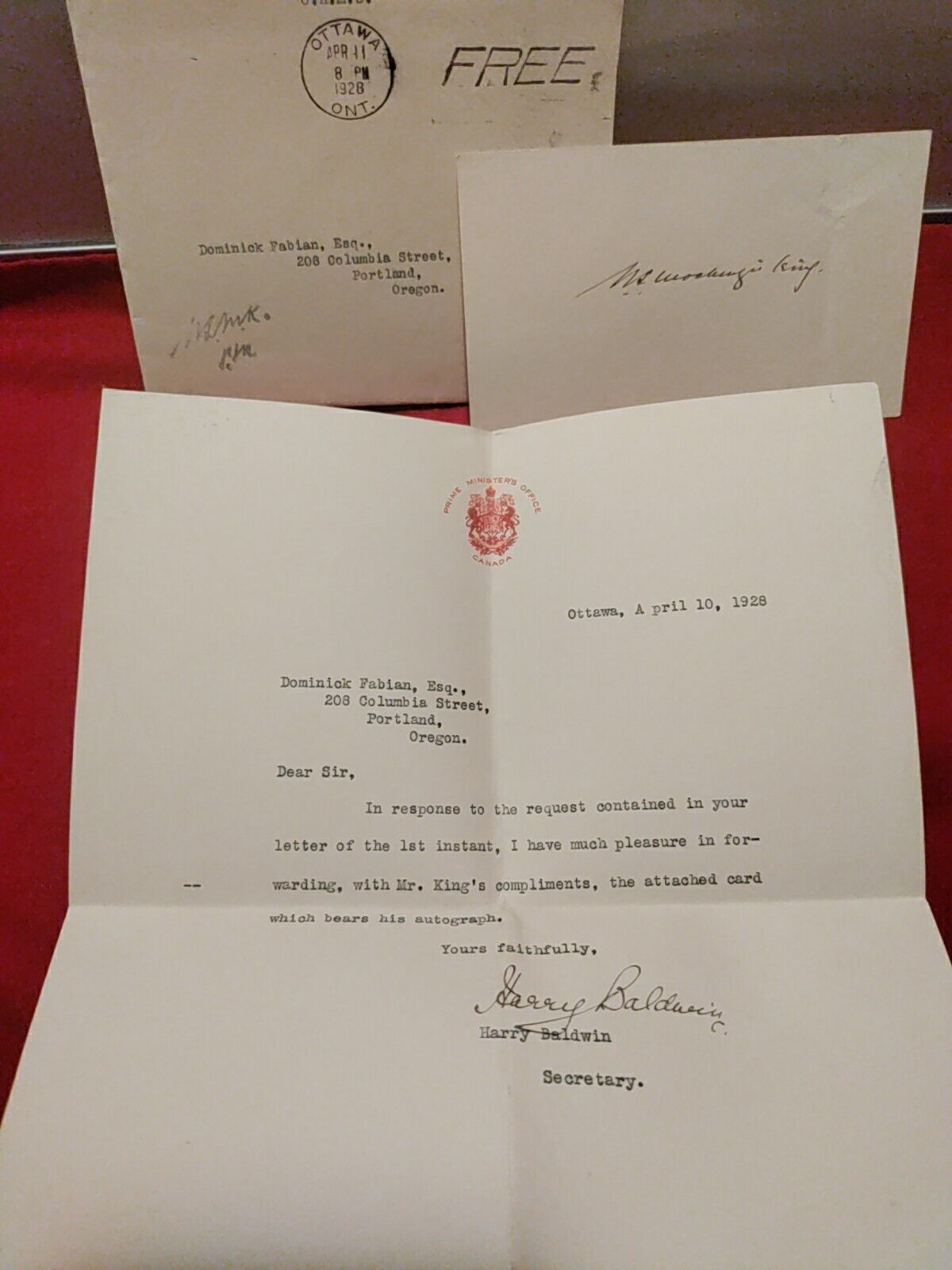 1928 Canadian Prime Minister William Mackenzie King  Autograph Letter & Envelope