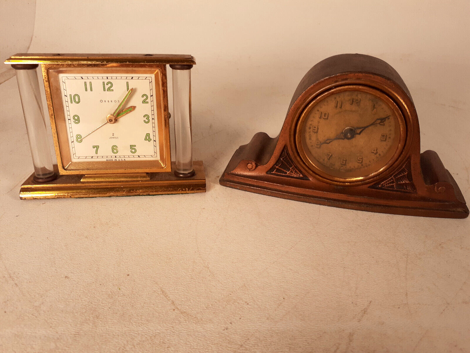 Estate Lot 2 Vintage Small Desk Clocks, Orblo 2 Jewels, No Name, For Parts
