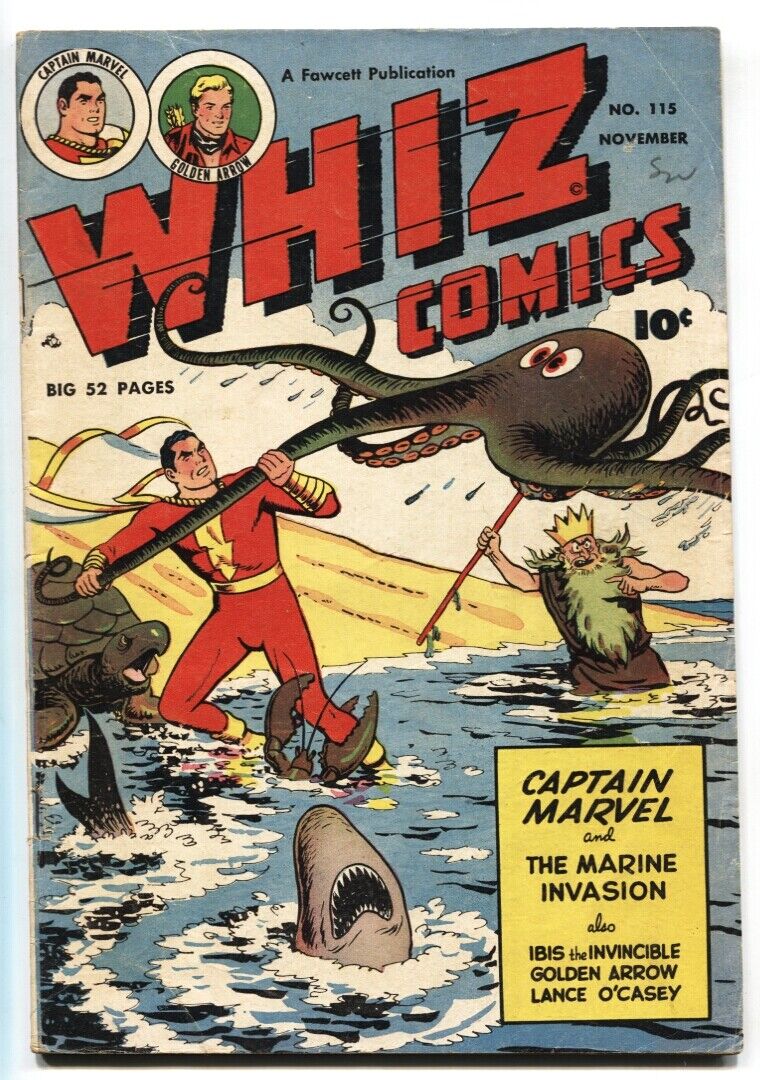 WHIZ #115 1949 FAWCETT-CAPT MARVEL-Octopus/Shark cover