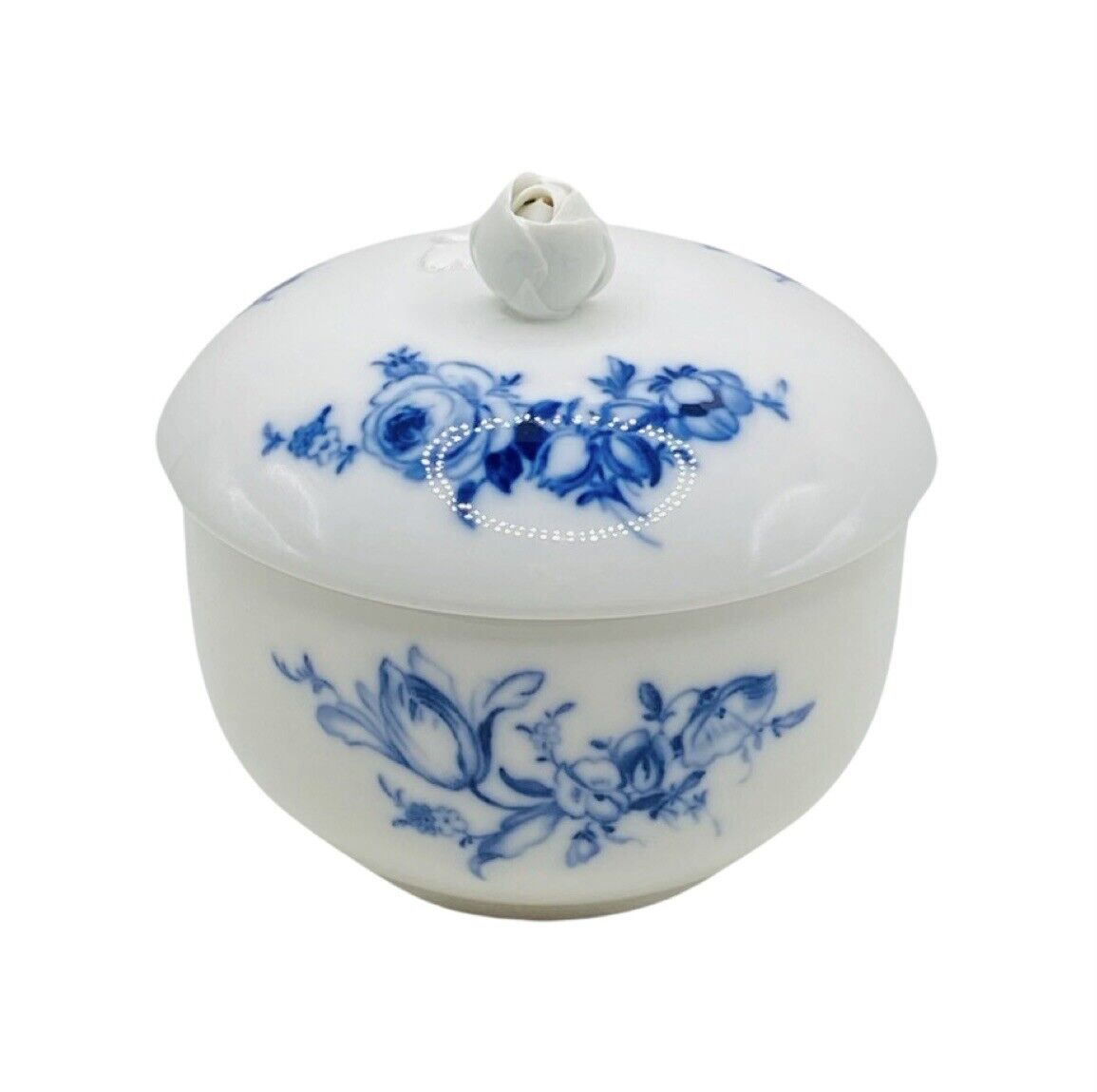Antique Meissen Blue Floral Sugar Bowl with Lid Rose Blue & White Crossed Sword