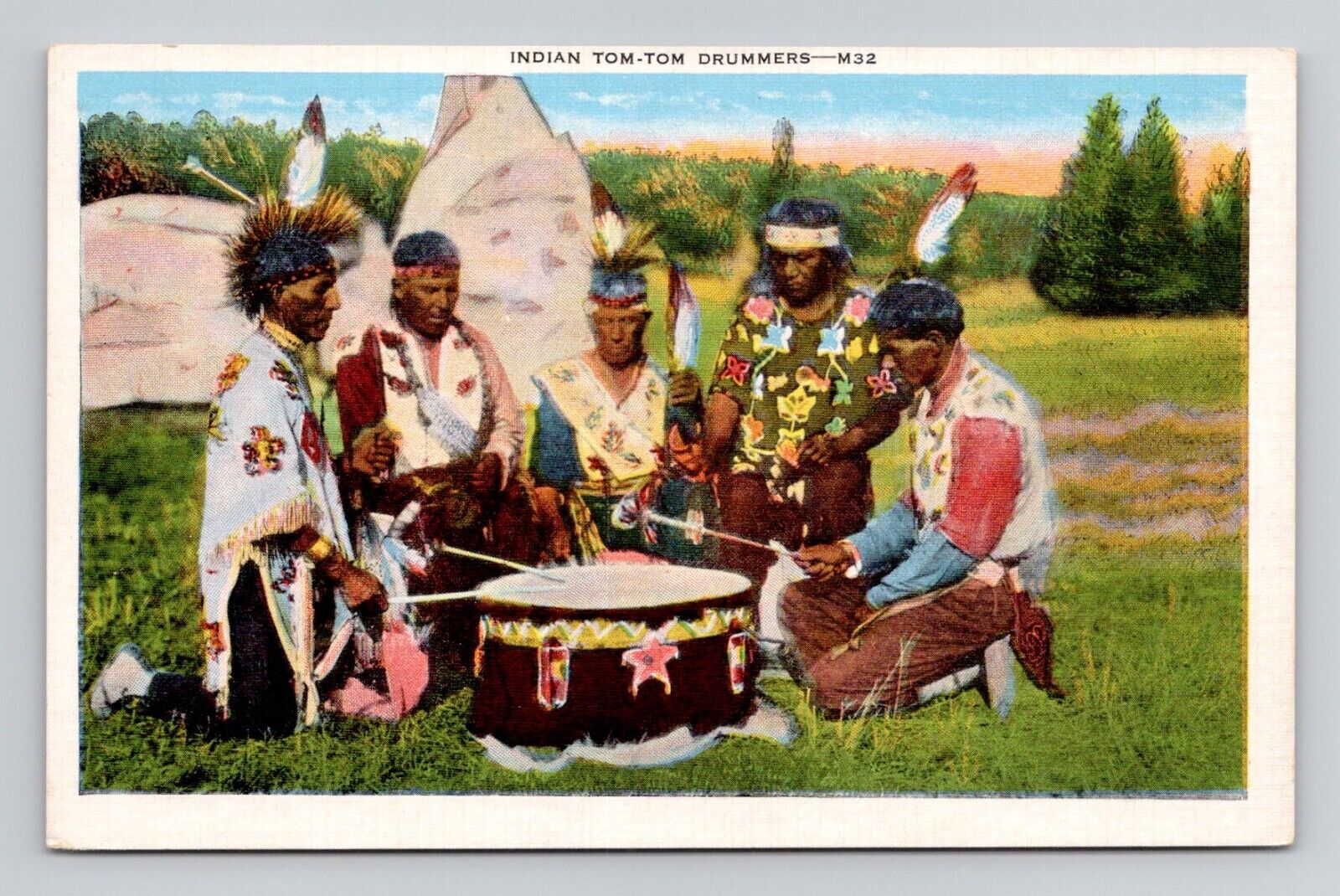 Postcard Native American Tom-Tom Drummers, Vintage Linen O10