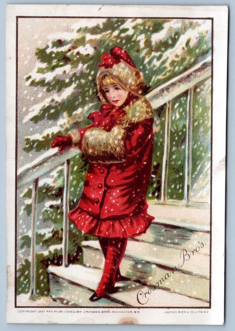 1887 CROSMAN BROTHERS SEED MERCHANTS JULIUS BIEN CHRISTMAS VICTORIAN TRADE CARD