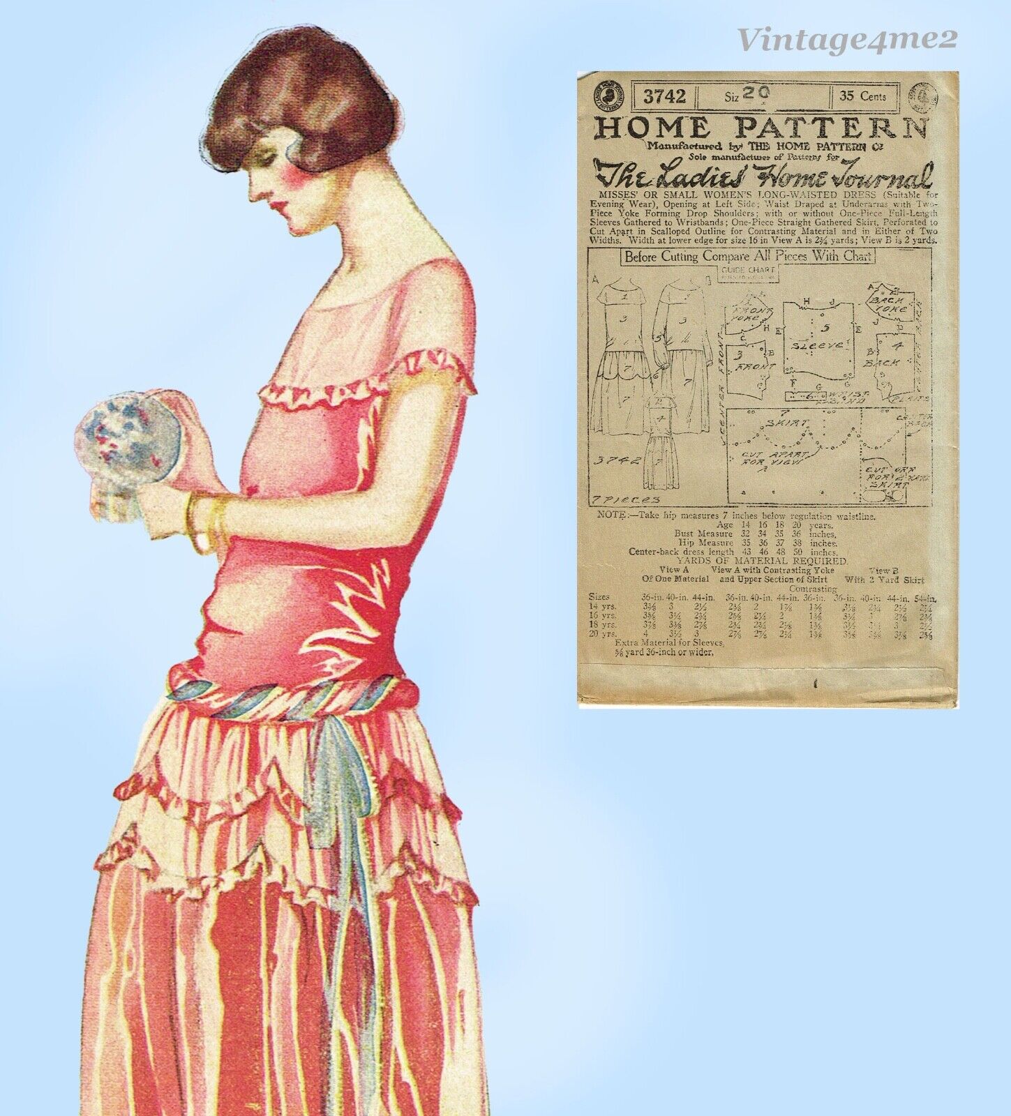 Ladies Home Journal 3763: 1920s Uncut Afternoon Dress 36B Vintage Sewing Pattern
