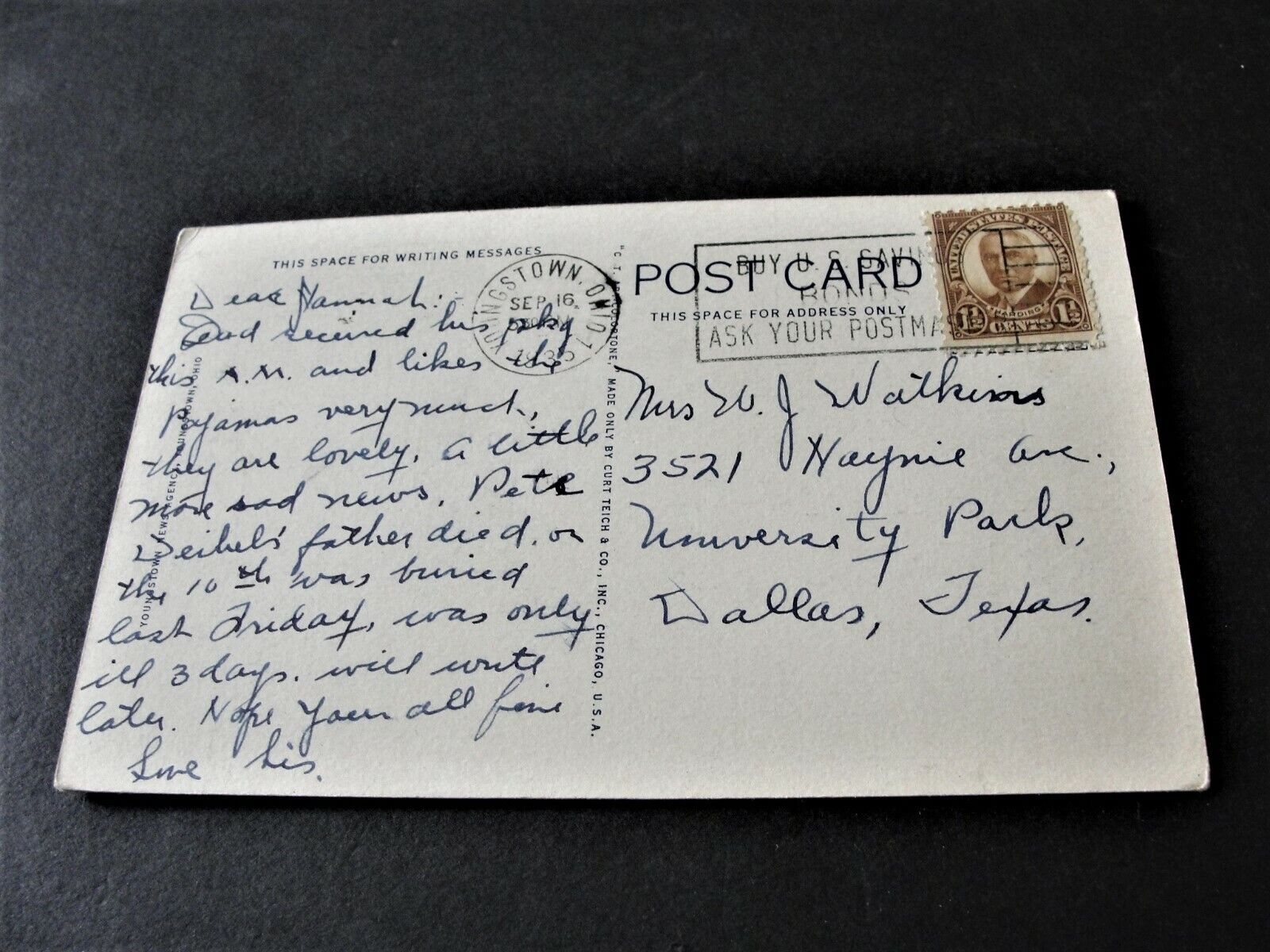 Central Tower, Youngstown, OH-President Harding, 1-1/2 Cent-1935 Postcard. RARE.