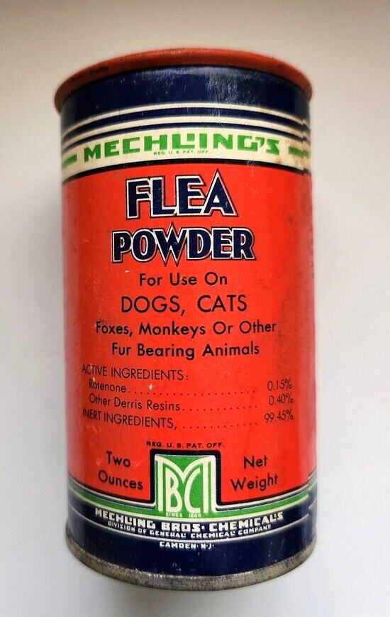 Antique Mechling\'s Flea Powder for Dogs and Cats Advertising Tin 1920\'s-1930