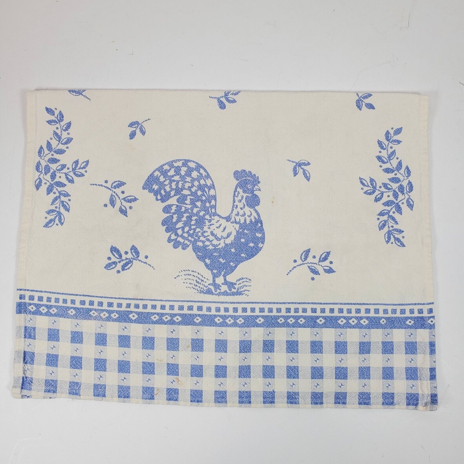 Vintage 1970s Farmhouse Rooster Blue Kitchen Towel 24x17 Inch Multicolor